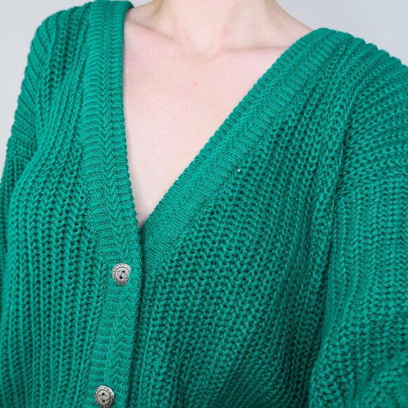 Vintage 80s Green Chunky Knit Cardigan Sweater - Picture 4 of 6
